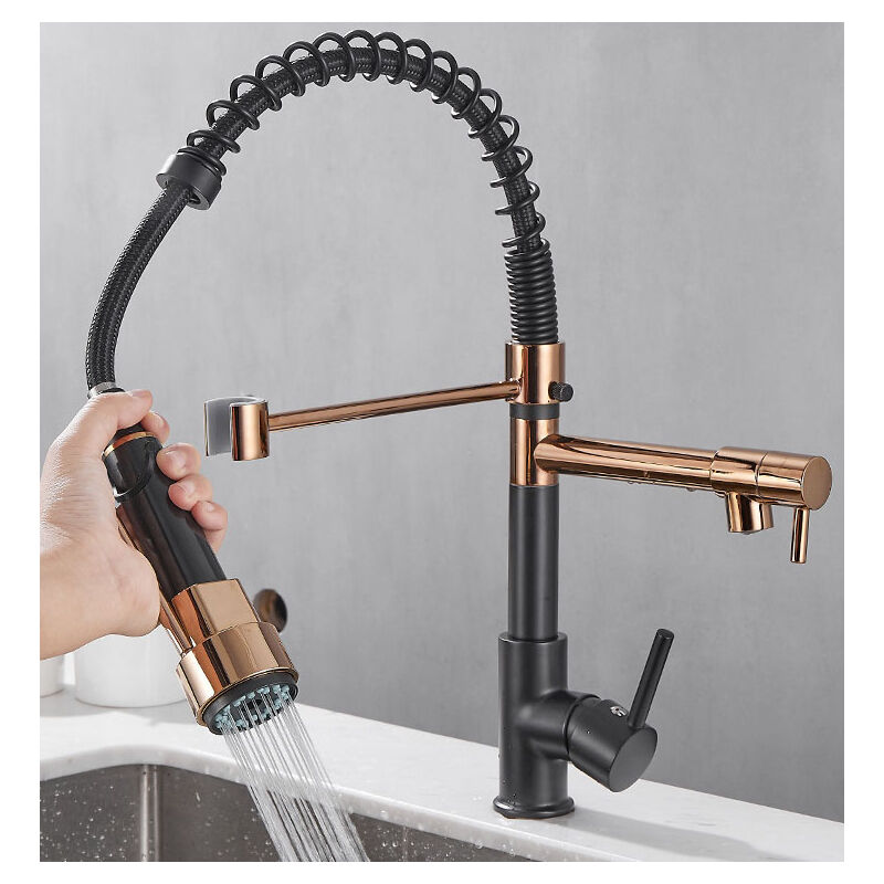 foto del prodotto rubinetto da cucina con molla a spirale, miscelatore cucina a 360 per lavello con doccetta estensibile e blocco oro rosa nero