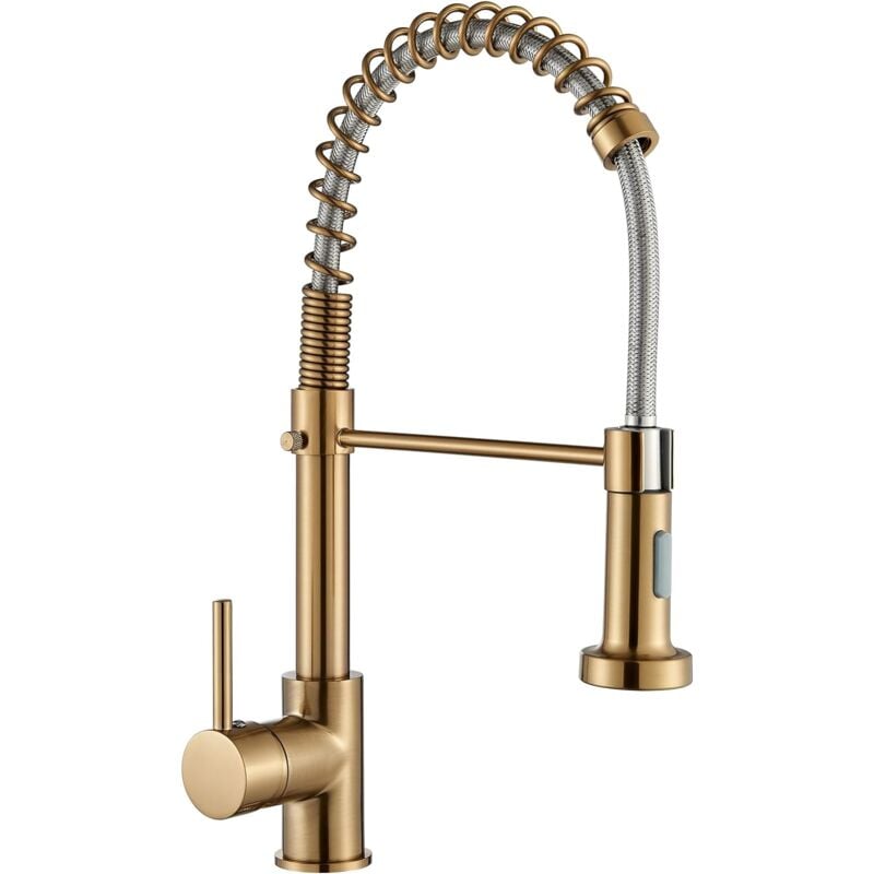 foto del prodotto rubinetto da cucina con molla a spirale, miscelatore monocomando oro con doccetta estraibile, orientabile a 360 