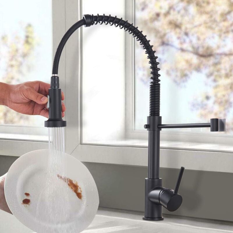 foto del prodotto rubinetto da cucina con molla a spirale, rubinetto lavello con doccetta estraibile, miscelatore cucina girevole a 360 monocomando nero