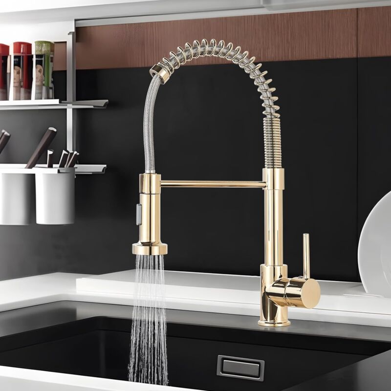 foto del prodotto rubinetto da cucina con molla a spirale, rubinetto lavello con doccetta estraibile, miscelatore cucina girevole a 360 monocomando - oro