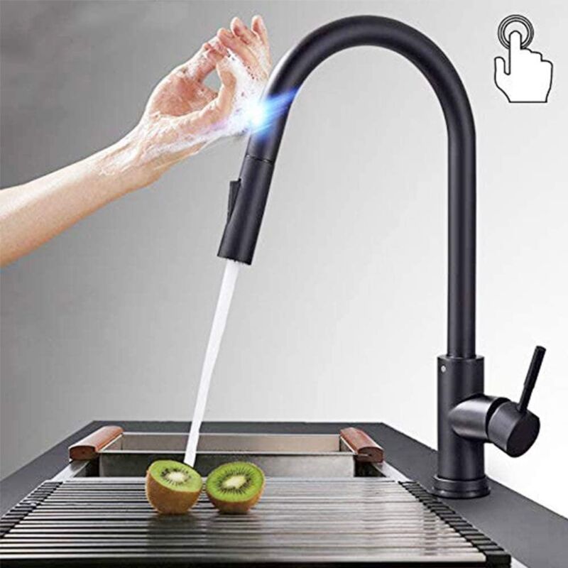 foto del prodotto rubinetto da cucina con sensore touch in acciaio inox nero, miscelatore per lavello da cucina a due vie con doccetta estraibile, maniglia singola