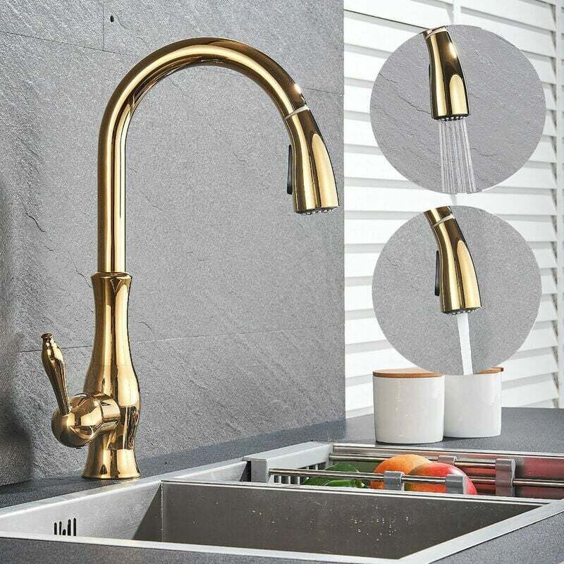 foto del prodotto rubinetto da cucina con spruzzatore in ottone dorato, rubinetto per lavello estensibile, girevole a 360 , miscelatore da cucina a molla a spirale con