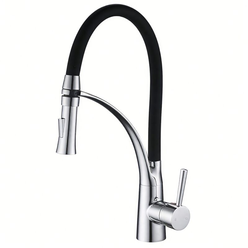 foto del prodotto rubinetto da cucina cromato,miscelatore cucina girevole a 360 con tubo flessibile, doccetta estraibile e doccetta a doppia funzione, disponibile