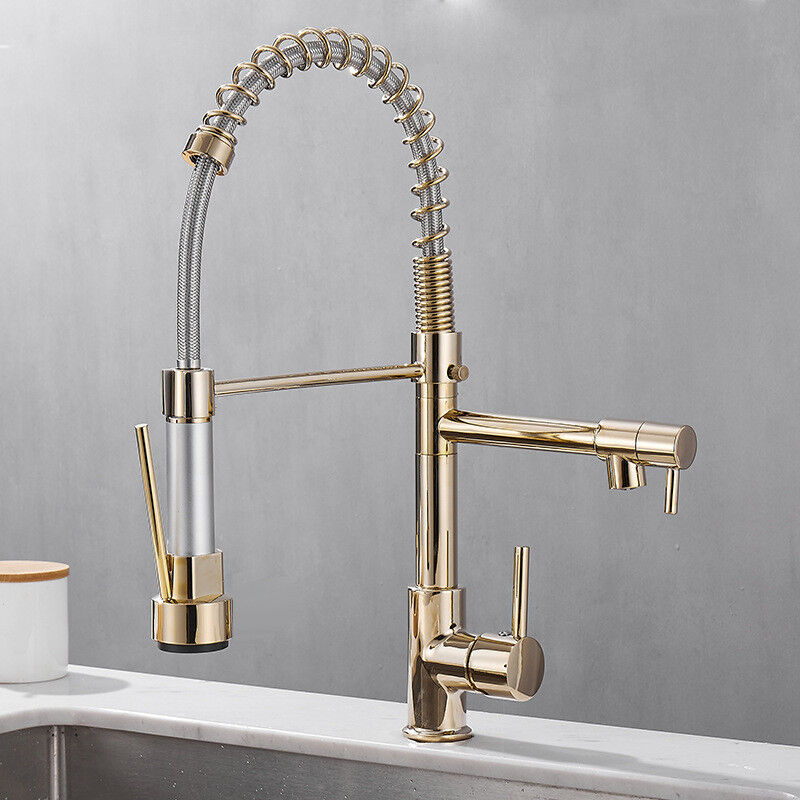 foto del prodotto rubinetto da cucina estraibile, 2 getti, miscelatore monocomando, girevole a 360 , disponibile con acqua calda e fredda, colore oro