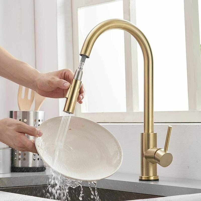foto del prodotto rubinetto da cucina estraibile dorato con lavello da cucina con rubinetto per doccia a 360 