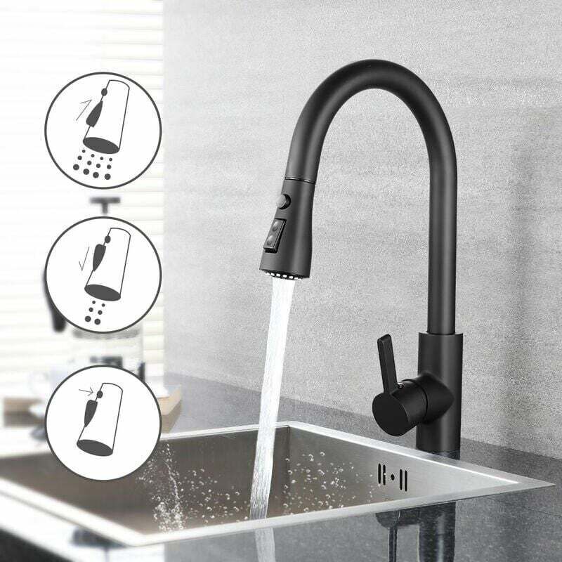 foto del prodotto rubinetto da cucina estraibile in acciaio inossidabile, 3 modalit di getto, miscelatore girevole a 360 per cucina o bagno, nero dakf8f