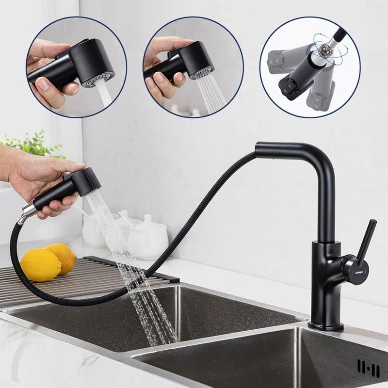 foto del prodotto rubinetto da cucina estraibile in acciaio inox nero, con lunghezza di estrazione 40cm, girevole a 360 miscelatore monocomando rubinetto da cucina