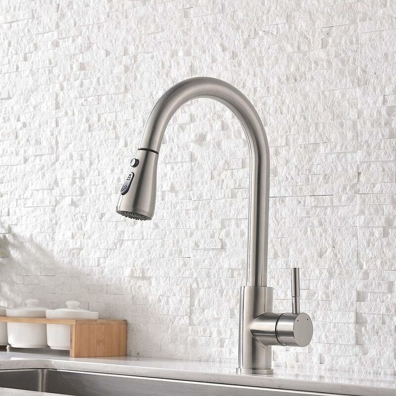 foto del prodotto rubinetto da cucina estraibile rubinetto da cucina ruotabile a 360 2 modalit rubinetto da cucina con bocca curva rialzata, nichel spazzolato