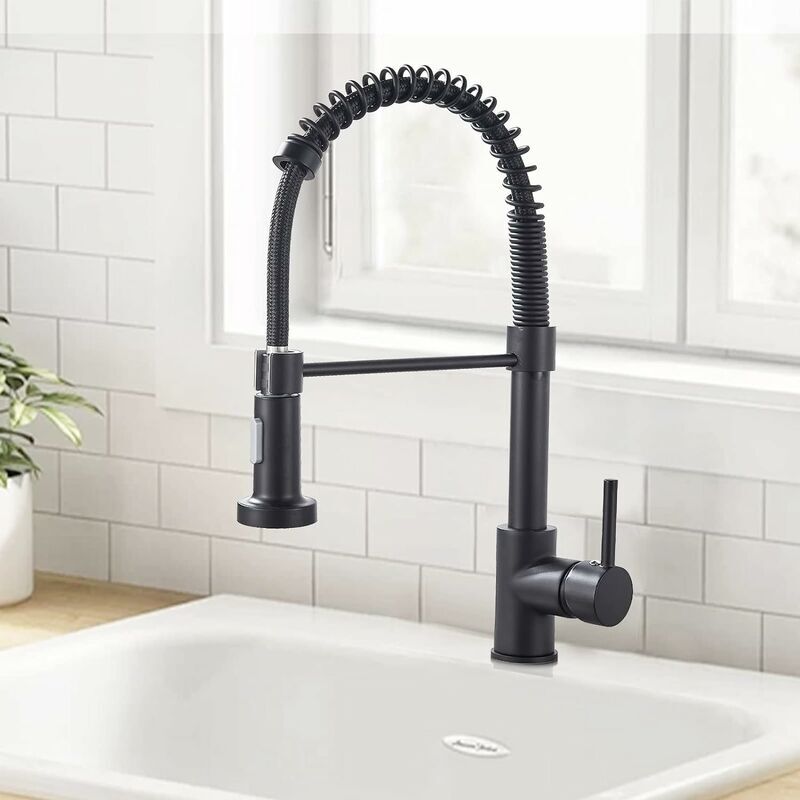foto del prodotto rubinetto da cucina getto nero, girevole a 360 in ottone, miscelatore da cucina rubinetto per lavello ad arco alto spruzzatore a discesa 2 modalit 