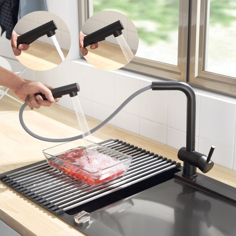 foto del prodotto rubinetto da cucina, girevole a 360 , beccuccio estraibile con 2 modalità di spruzzatura, miscelatore monocomando ad alta pressione, in acciaio inox