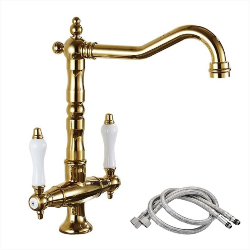 foto del prodotto rubinetto da cucina girevole a 360 , doppia manico lavello retr ottone acqua calda e fredda regolabile oro