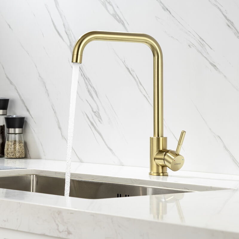 foto del prodotto rubinetto da cucina in acciaio inox oro, girevole a 360 rubinetto cucina lavello con gorgogliatore removibile, rubinetto cucina monocomando per