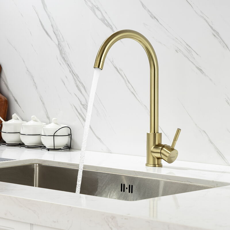 foto del prodotto rubinetto da cucina in acciaio inox, rubinetto cucina lavello con aeratore staccabile, girevole a 360 rubinetto monocomando per lavello acqua calda