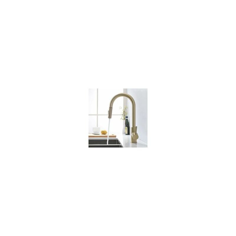foto del prodotto rubinetto da cucina in oro spazzolato con doccetta estraibile, rubinetto da cucina girevole a 360 , miscelatore da cucina, miscelatore per lavello da