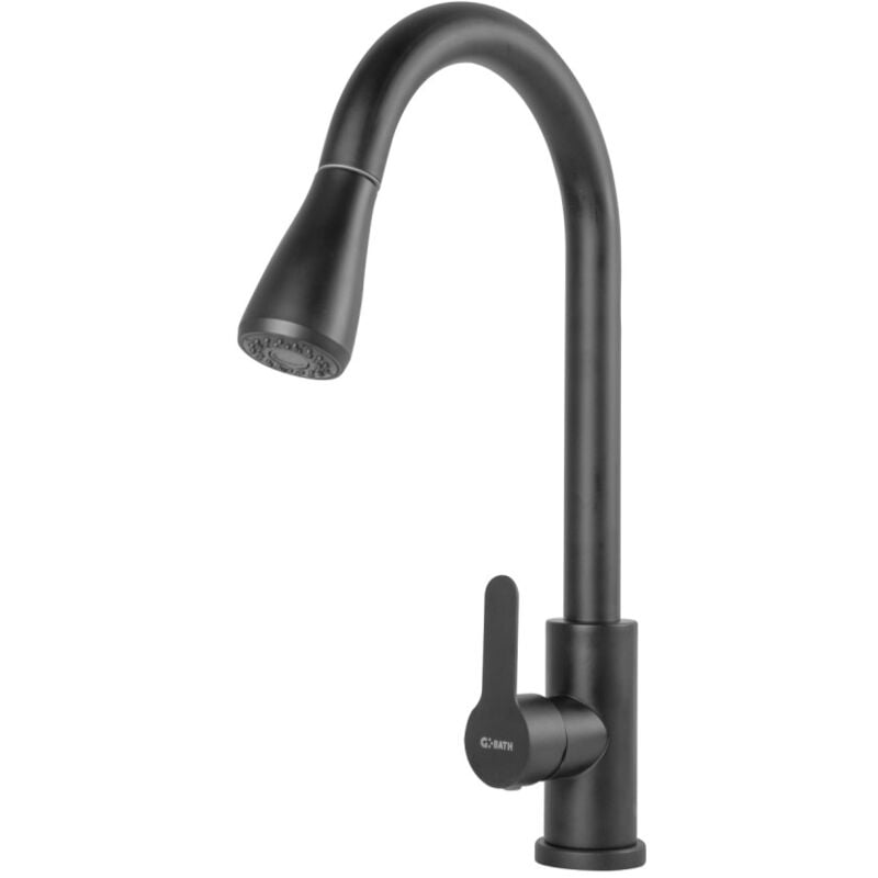 foto del prodotto rubinetto da cucina in ottone zinco, nero, acqua calda fredda, tubi flessibili, bocca alta, leva singola qli fa 4414 