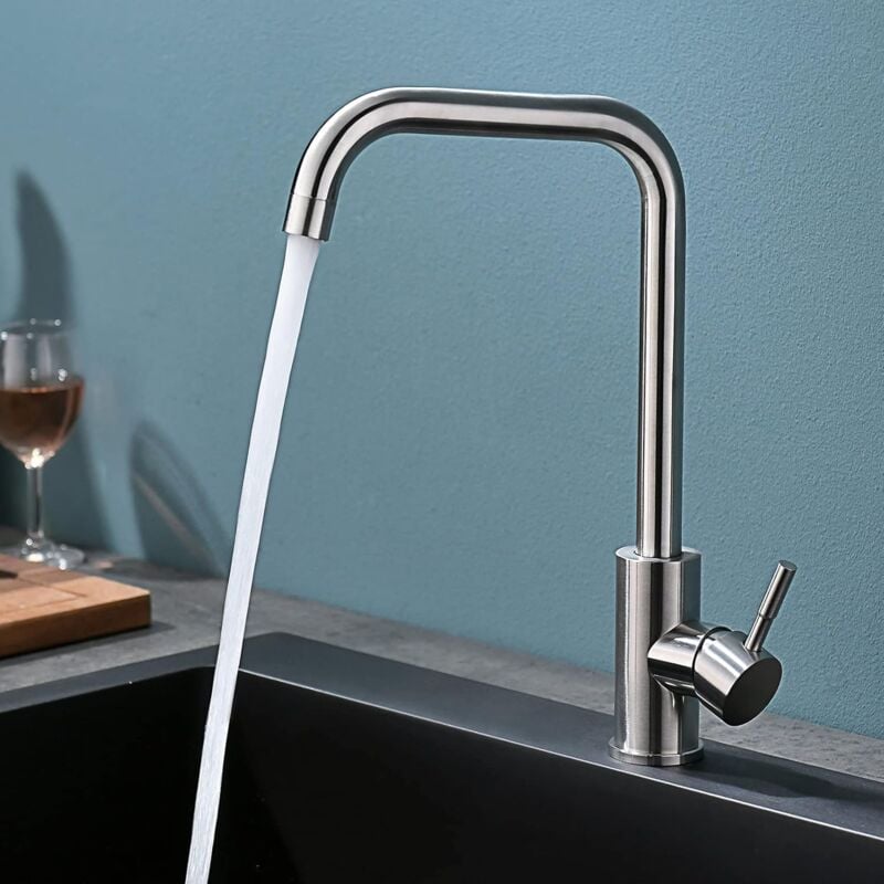 foto del prodotto rubinetto da cucina, miscelatore da cucina girevole a 360 , rubinetto da cucina con maniglia singola, acciaio inossidabile, rubinetto con tubo pex,