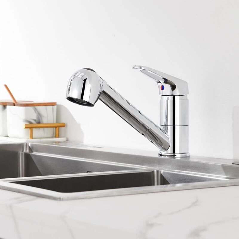 foto del prodotto rubinetto da cucina, miscelatore monocomando per lavello con getto estraibile a 360 , acqua fredda e calda argento