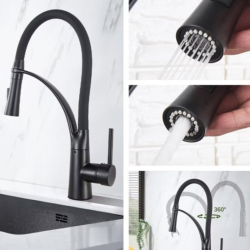 foto del prodotto rubinetto da cucina nero,miscelatore cucina girevole a 360 con tubo flessibile, doccetta estraibile e doccetta a doppia funzione, disponibile acqua