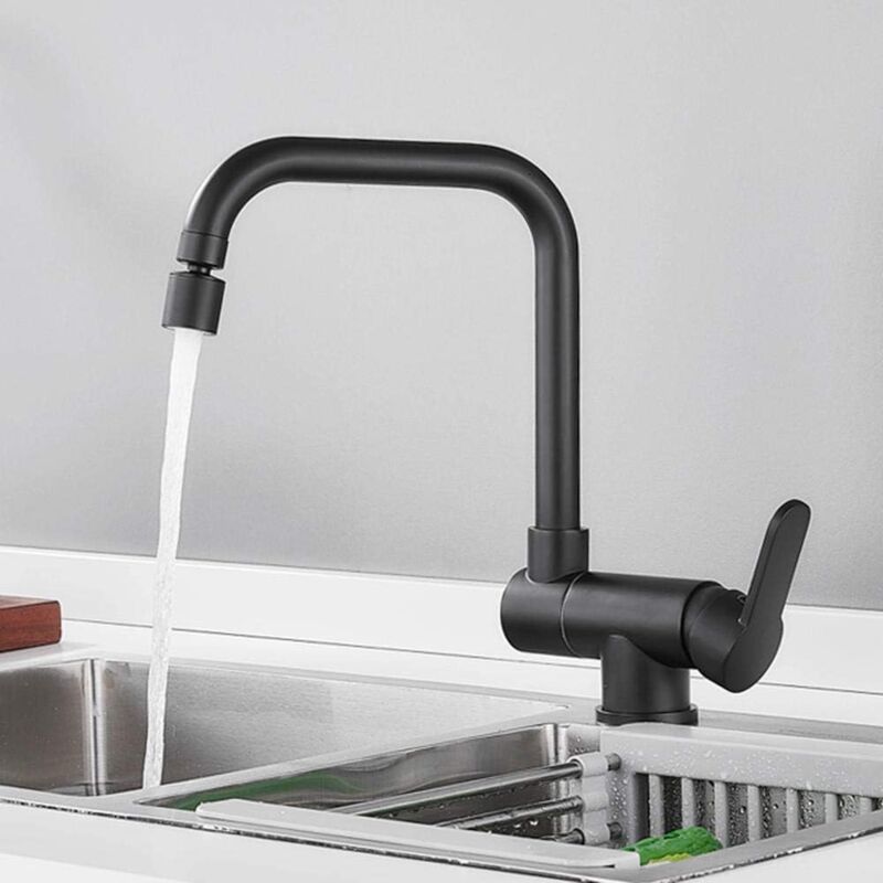 foto del prodotto rubinetto da cucina pieghevole nero, miscelatore monocomando caldo e freddo in ottone, girevole a 360 gradi