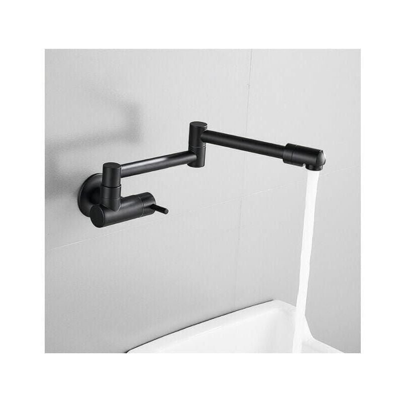 foto del prodotto rubinetto da cucina pieghevole telescopico nero a scomparsa, rubinetto a parete in ottone, miscelatore a parete, uscita acqua fredda singola,