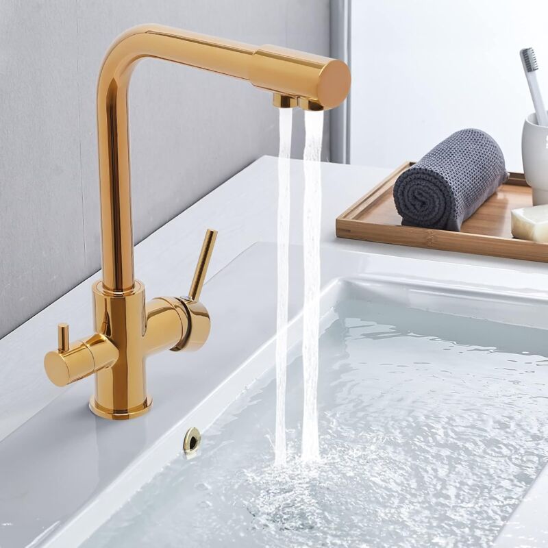 foto del prodotto rubinetto da cucina, rubinetto a 3 vie, girevole a 360 , filtro dell acqua, rubinetto da cucina, rubinetto per lavello, miscelatore per lavabo, oro 