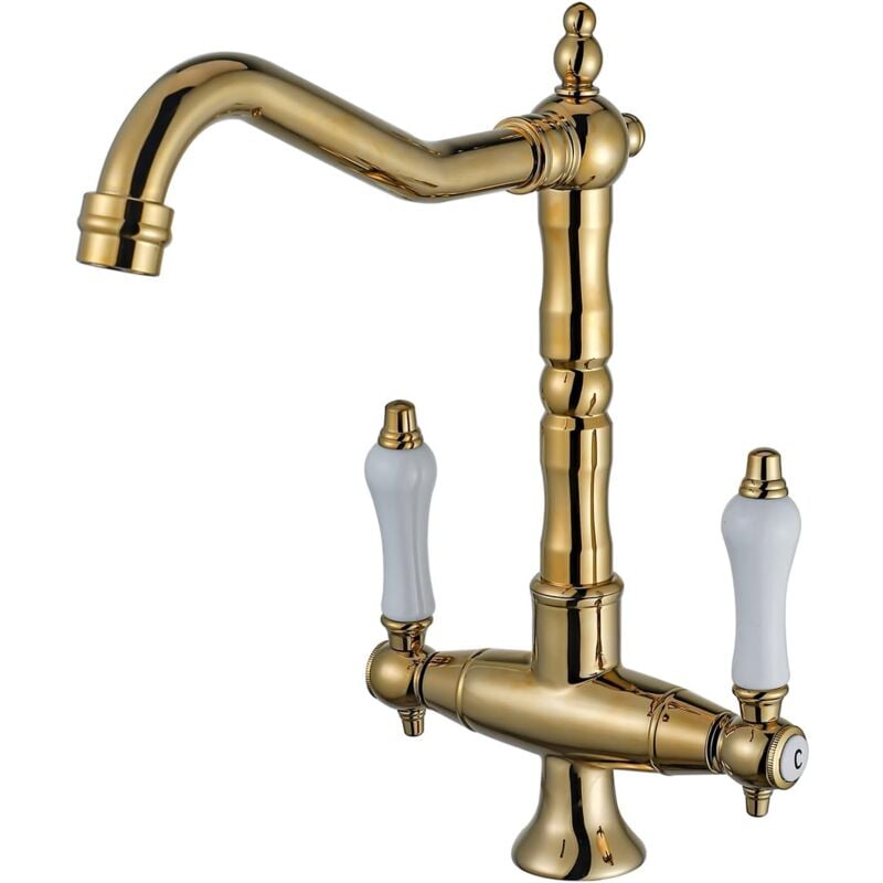 foto del prodotto rubinetto da cucina vintage in oro girevole a 360 , due maniglie, miscelatore per lavello, rubinetto per lavello da cucina ad alta pressione,