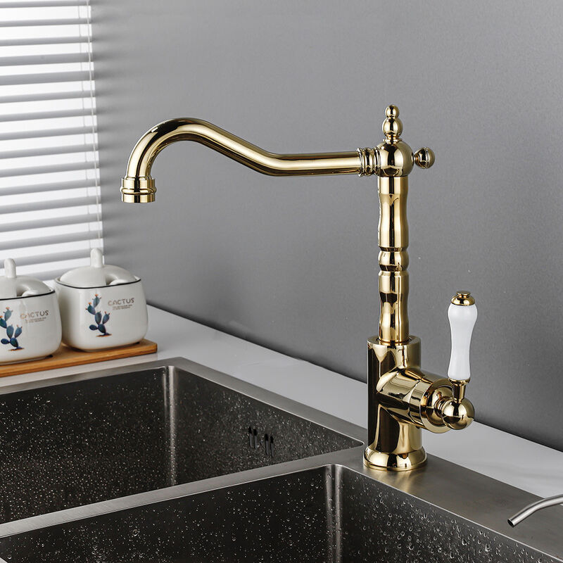 foto del prodotto rubinetto da cucina vintage miscelatore monocomando per lavello fredda e calda rubinetto bagno lavabo girevole a 360 oro