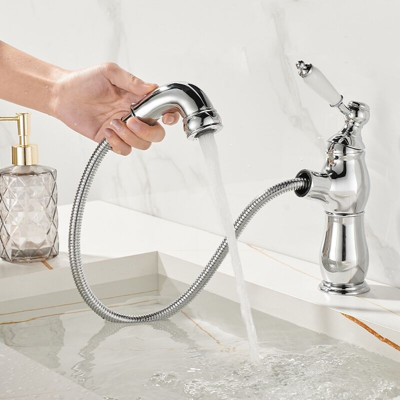 foto del prodotto rubinetto da lavabo con doccetta estraibile miscelatore monocomando per lavabo in ottone cromato