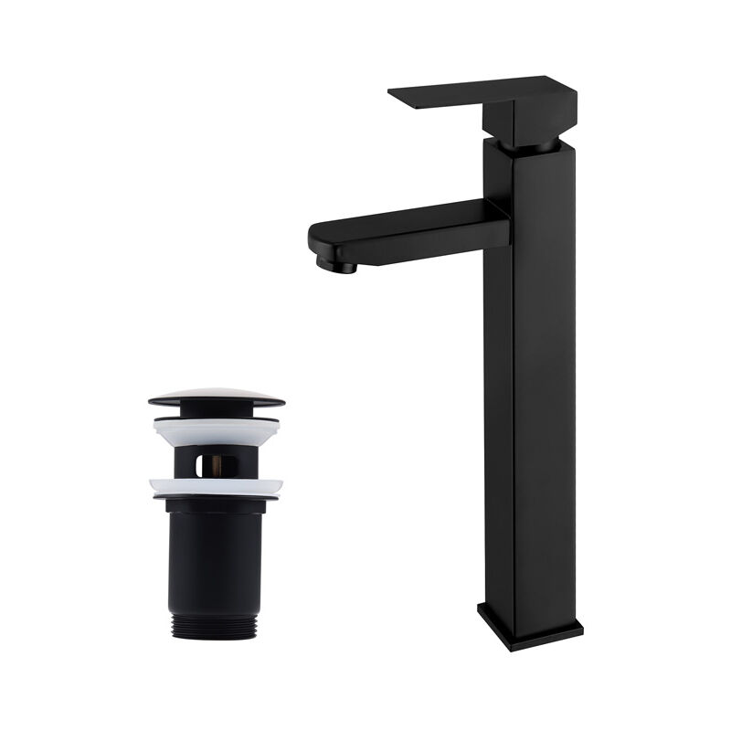 foto del prodotto rubinetto del lavabo nero con tappo per lavabo, miscelatore per lavabo in acciaio inox e tappo con troppopieno automatico