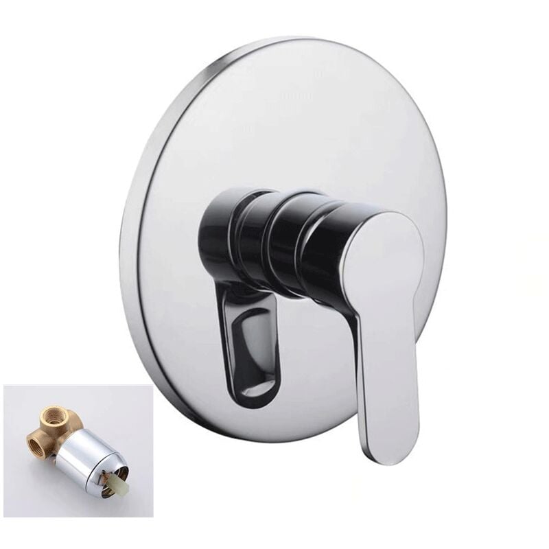foto del prodotto rubinetto doccia tondo in ottone cromato, rubinetto doccia a parete, rubinetto per bagno monofunzione, due ingressi e un uscita, soffione doccia non