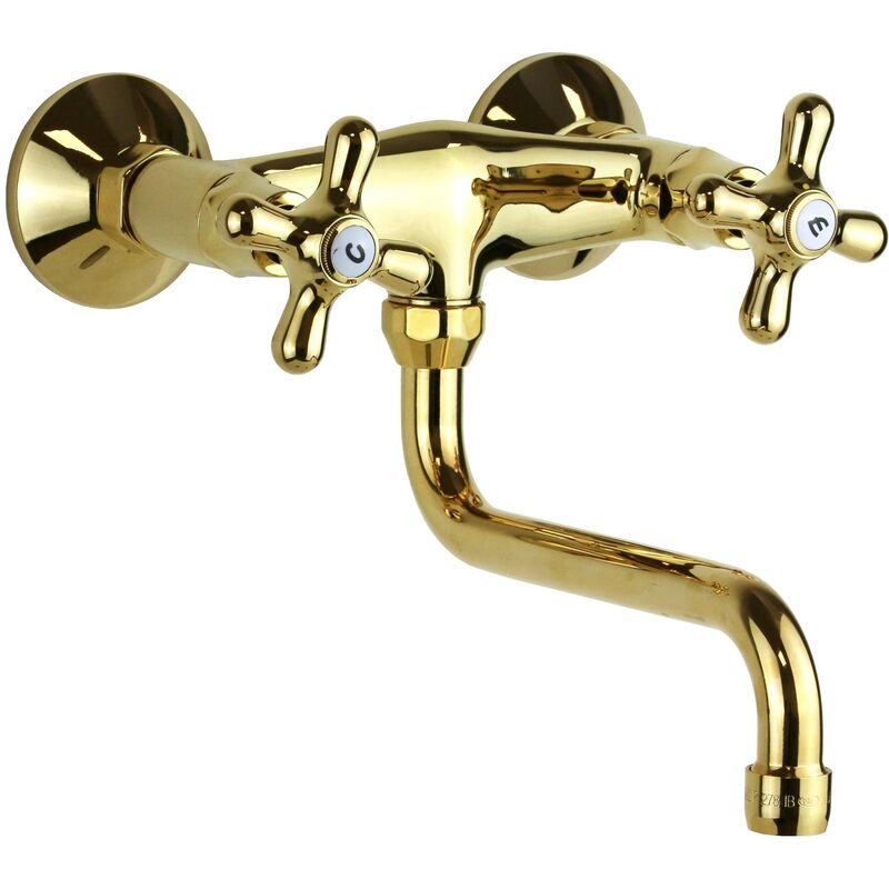 foto del prodotto rubinetto doppia leva in colore oro per lavello cucina installazione a parete paffoni iris irv161gf oro iris