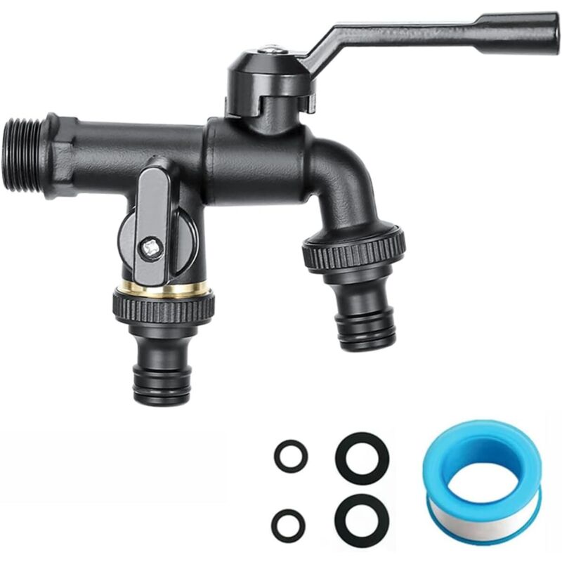 foto del prodotto rubinetto doppio da giardino in ottone per esterni, rubinetto di ingresso nero da 1 2' con 2 uscite da 3 4', rubinetto da giardino a doppia uscita