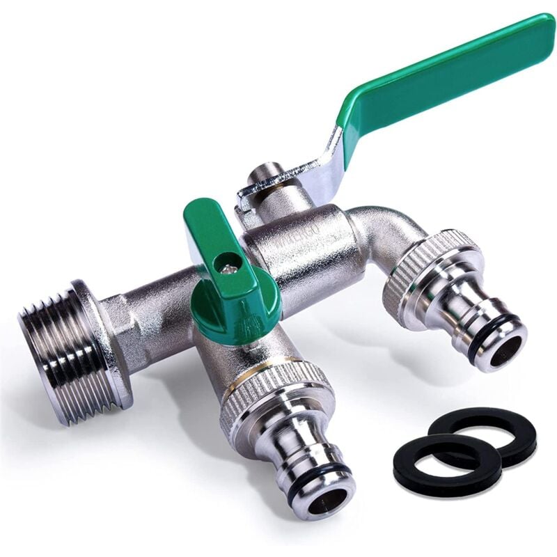 foto del prodotto rubinetto doppio premium da 1 2 pollice, rubinetto doppio verde ottone con 2 uscite da 3 4 pollici, rubinetto esterno antiruggine e