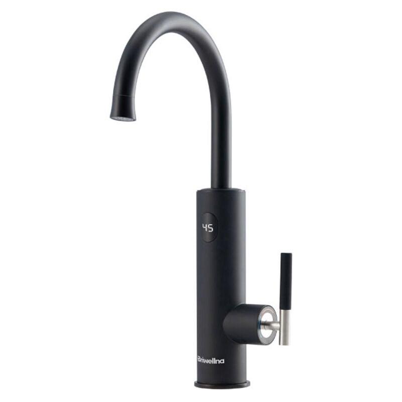 foto del prodotto rubinetto elettrico con scaldabagno istantaneo, display della temperatura a led, rubinetto da cucina girevole a 360 , rubinetto per lavello nero,