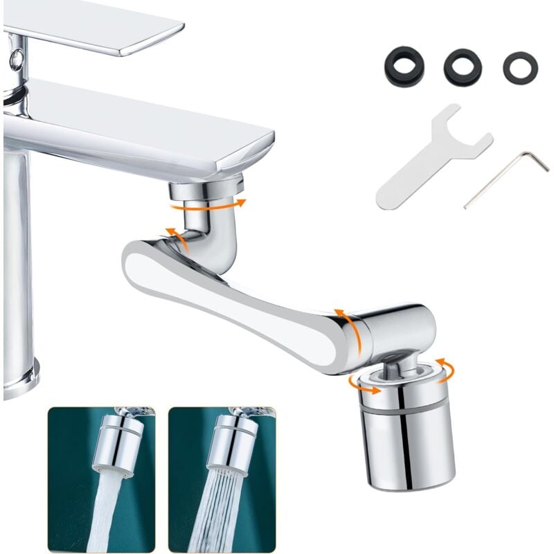 foto del prodotto rubinetto girevole magico, aeratore per rubinetto con 2 modalit di spruzzo, adattatore universale per rubinetto, corpo in ottone, cromato, argento