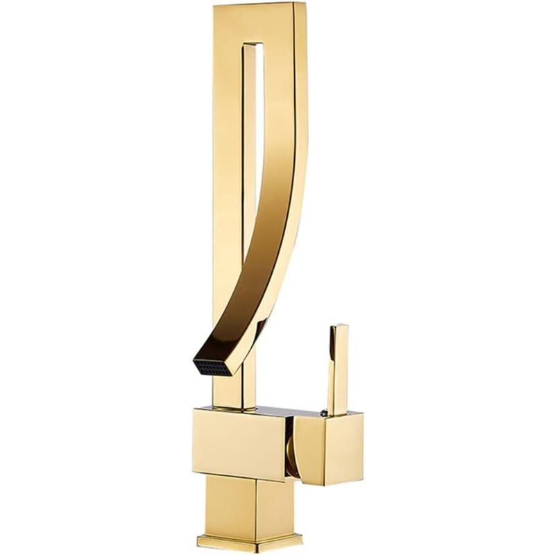 foto del prodotto rubinetto girevole per lavabo da appoggio in ottone dorato, rubinetto per acqua calda e fredda, rubinetto per lavello da cucina, cascata, oro