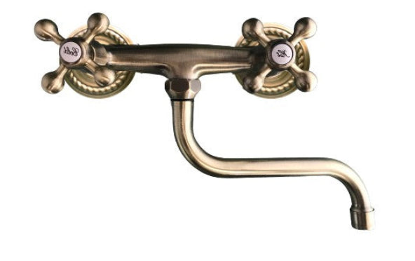 foto del prodotto rubinetto gruppo lavello a parete bronzato, vecchio ottone maniglie a stella rosoni decorati