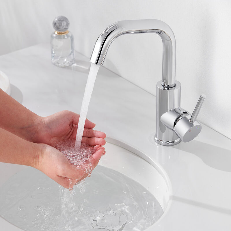 foto del prodotto rubinetto lavabo bagno ad alta pressione cromato, rubinetto bagno girevole a 360 miscelatore lavabo bagno, risparmio idrico, acqua calda e fredda