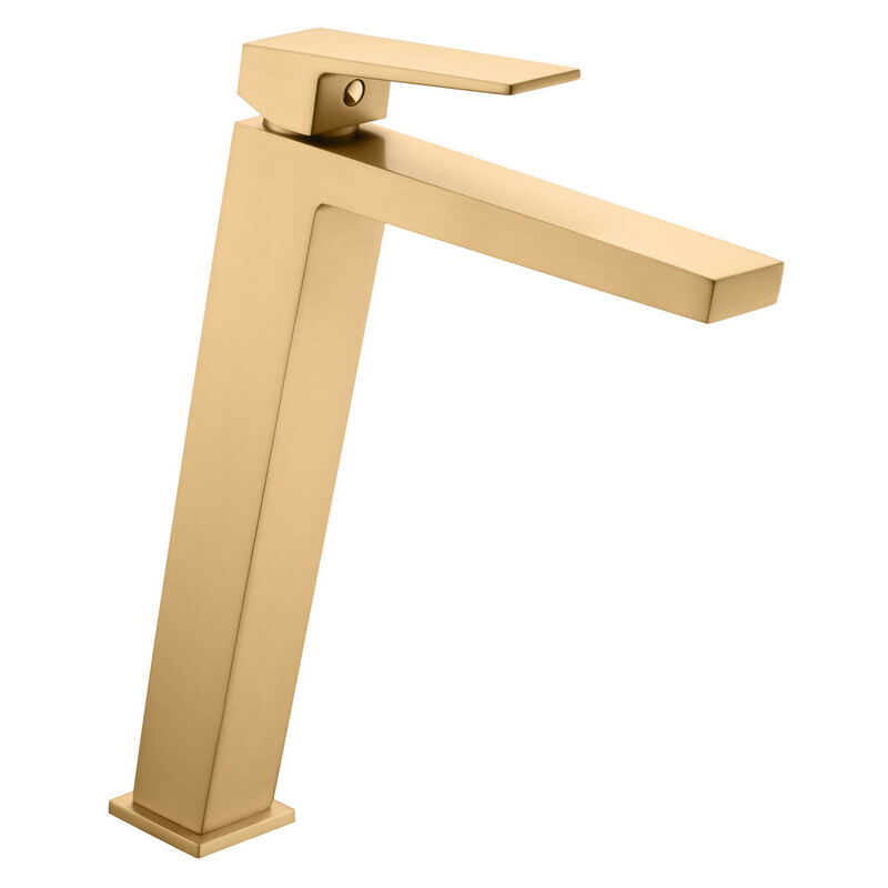 foto del prodotto rubinetto lavabo bagno monocomando con bocca alta per acqua calda e fredda - rubinetto lavabo alto - colore oro spazzolato