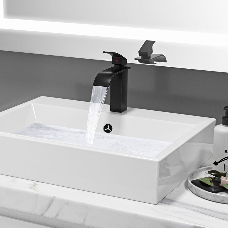 foto del prodotto rubinetto lavabo cascata nero, rubinetto bagno nero cascata, miscelatore lavabo bagno con altezza bocca 114 mm, rubinetto monocomando per bagno,