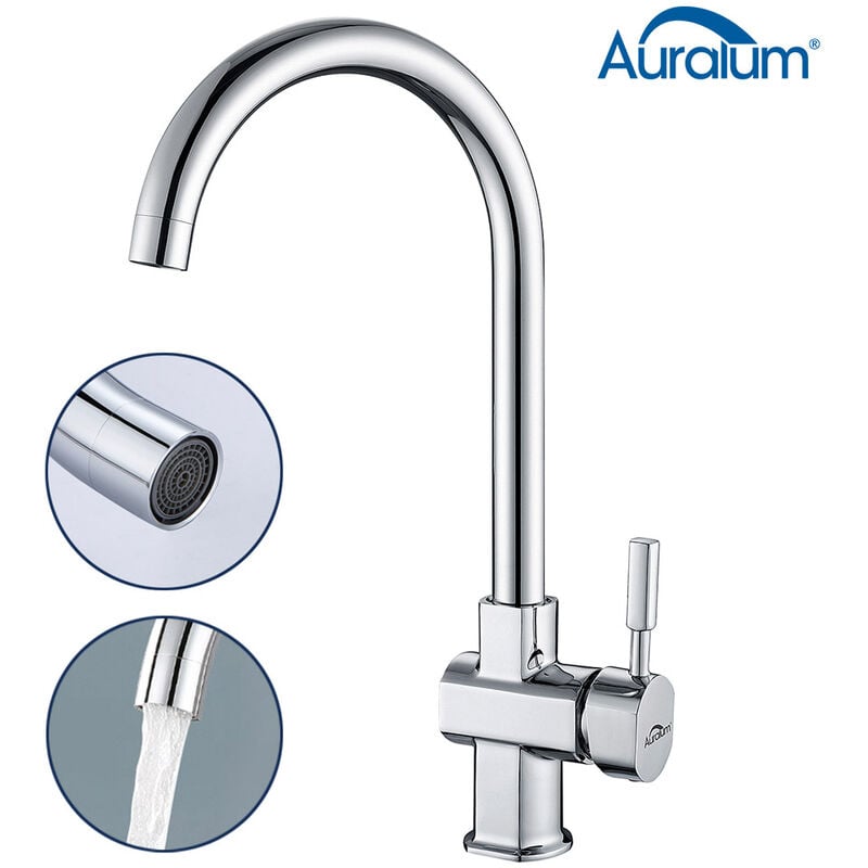 foto del prodotto rubinetto lavello alto, miscelatore monocomando per cucina girevole a 360 rubinetto cucina con aeratore staccabile, ottone cromato auralum
