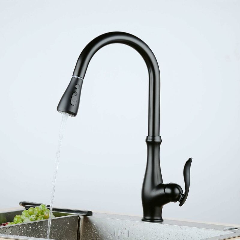 foto del prodotto rubinetto lavello cucina con doccetta estraibile miscelatore monocomando cucina in ottone orientabile a 360 nero