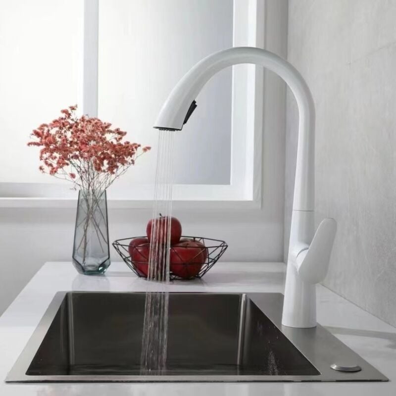 foto del prodotto rubinetto lavello cucina con doccetta estraibile, monocomando rubinetti per lavelli da cucina orientabile a 360 , g3 8 con 2 tipi di spruzzo bianco
