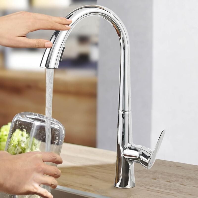 foto del prodotto rubinetto lavello cucina con doccetta estraibile, monocomando rubinetti per lavelli da cucina orientabile a 360 , g3 8 con 2 tipi di spruzzo cromato