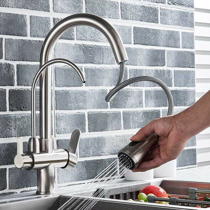 foto del prodotto rubinetto lavello cucina con doccetta estraibile,rubinetto da cucina con 2 tipi di getti,sistemi osmosi filtro l acqua acqua nichel spazzolato 