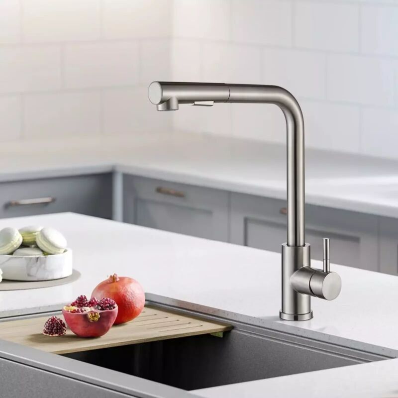 foto del prodotto rubinetto lavello cucina nichel spazzolato, miscelatore con doccetta estraibile, acqua calda e fredda a 2 modalit , con beccuccio girevole a 360 ,