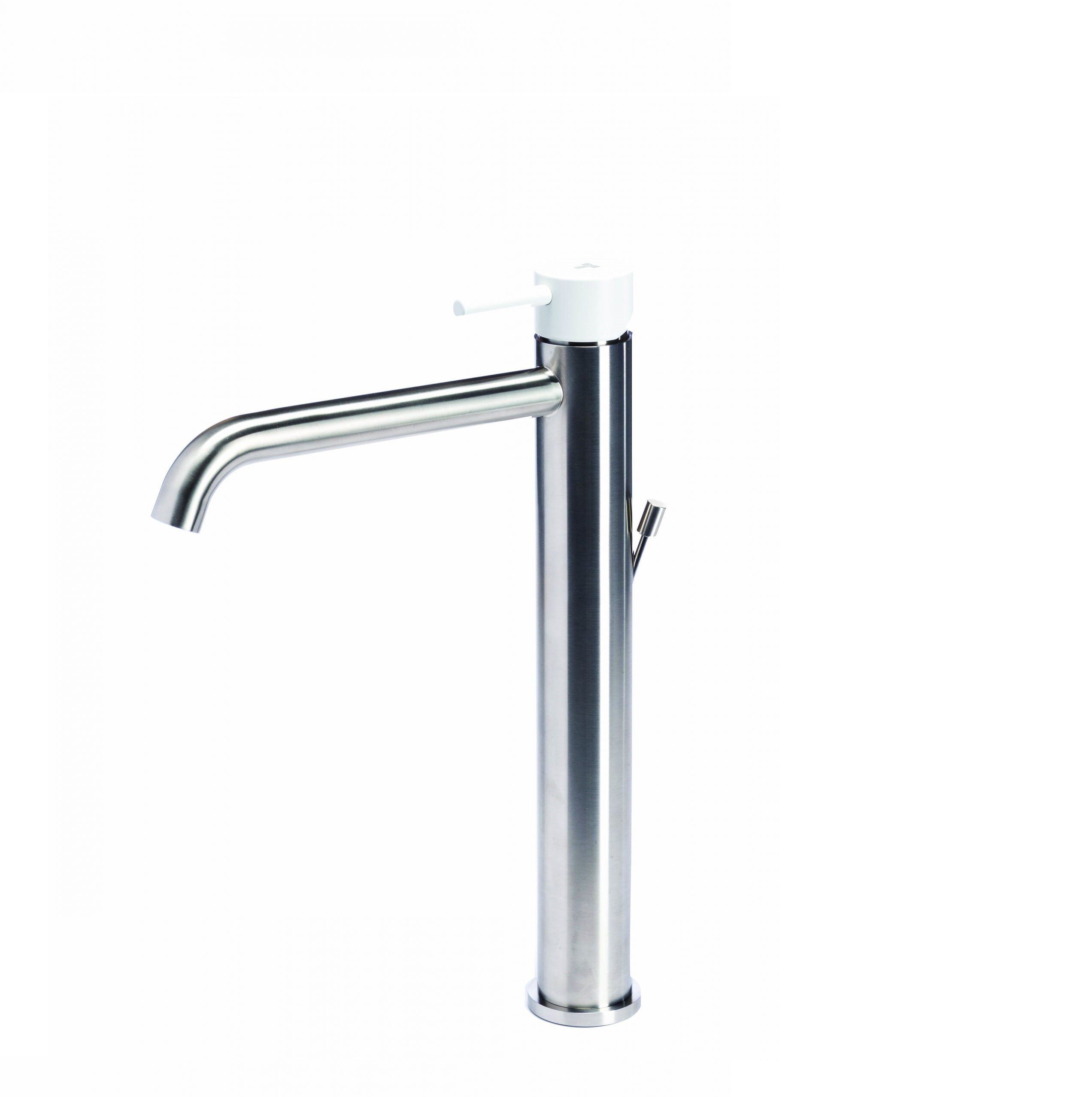 foto del prodotto rubinetto miscelatore alto per lavabo in acciaio inox tubico colorado con scarico e maniglia colorata t20020 neve