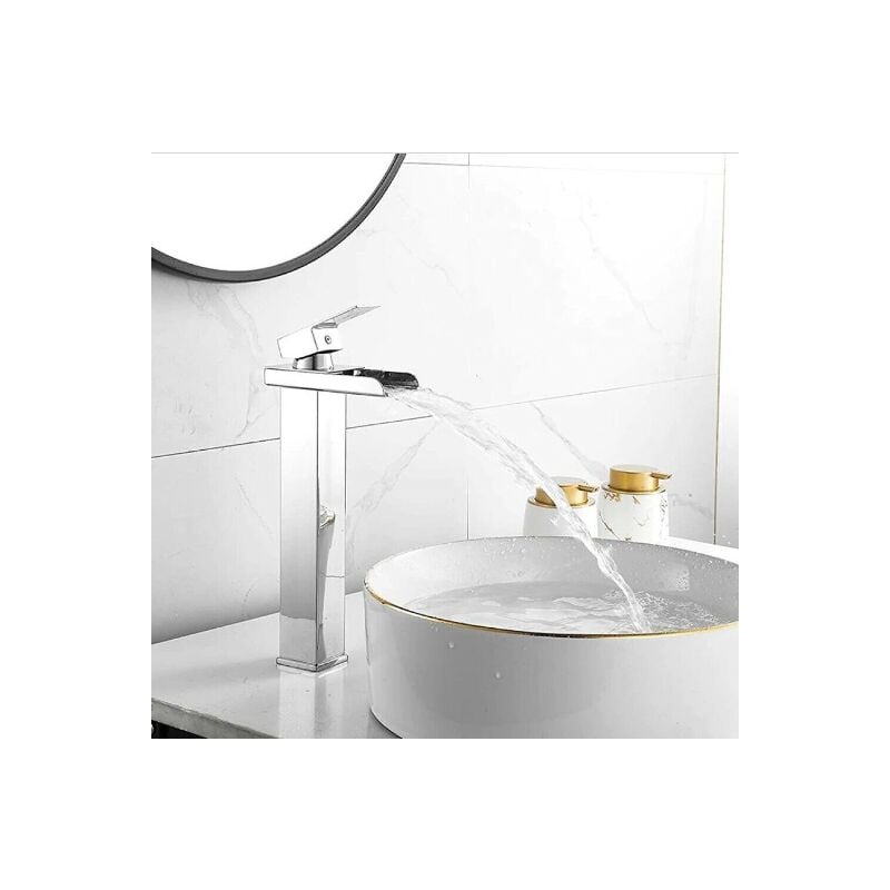 foto del prodotto rubinetto miscelatore lavabo bagno a cascata con piletta acciaio cromato 87397