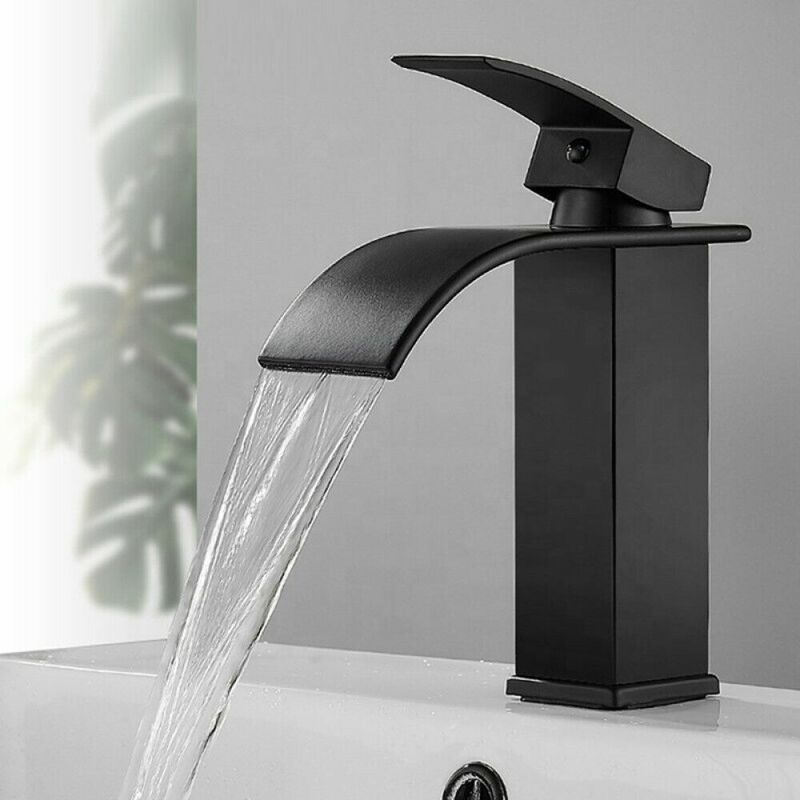 foto del prodotto rubinetto miscelatore lavabo bagno a cascata con piletta acciaio nero art.79564