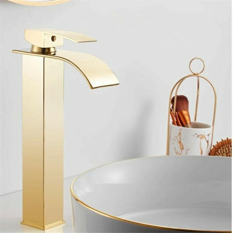 foto del prodotto rubinetto miscelatore lavabo bagno a cascata con piletta effetto oro art.79568